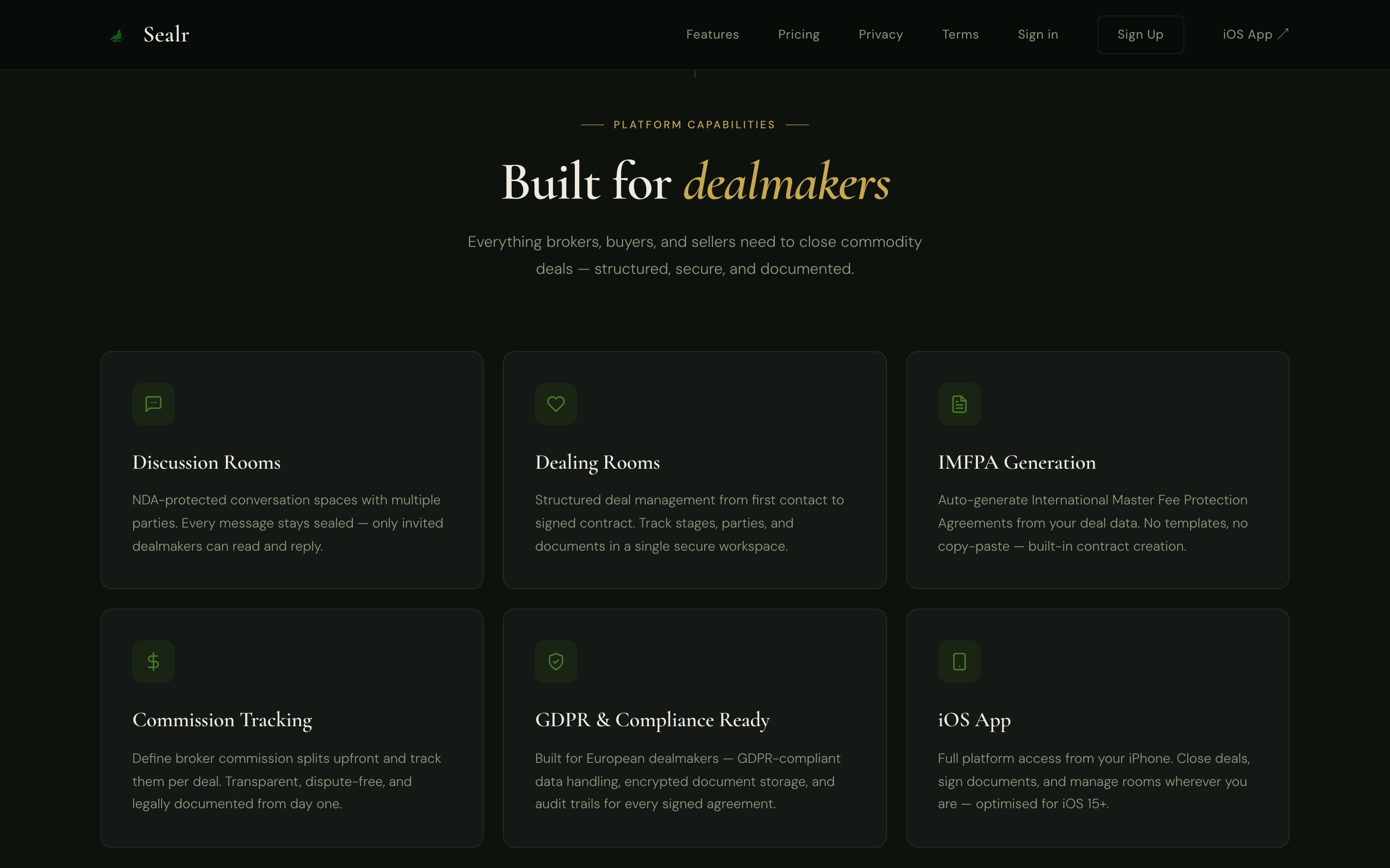 Sealr — Platform capabilities: discussion rooms, dealing rooms, IMFPA generation